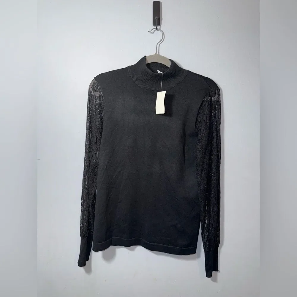 Carmen Marc Valvo Mock Turtleneck Black Women's Lace Long Sleeve Top Size S NWT - Picture 1 of 7